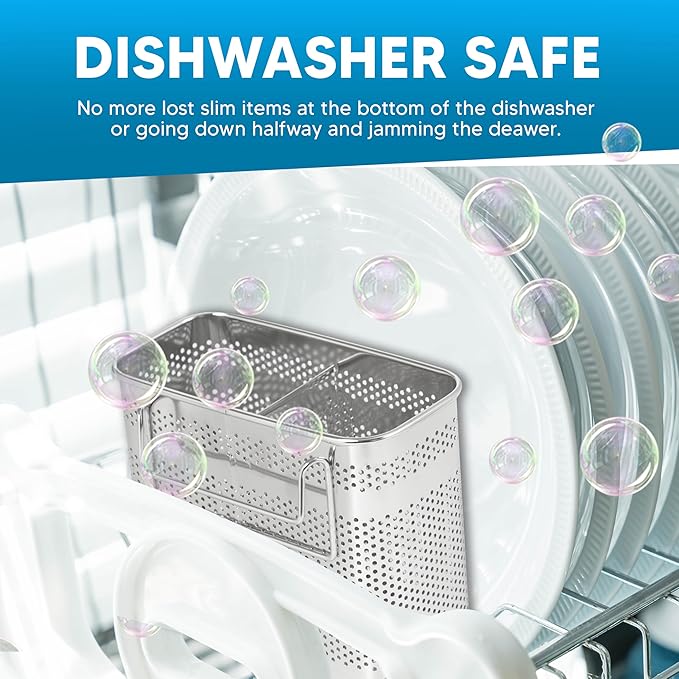 HOME&I Silverware Drying Basket for Dish Rack, SUS 304 Stainless Steel Hanging Utensil Holder with Wide Stable Hooks, 2-Compartment Cutlery Caddy for Kitchen Sink & Counterto