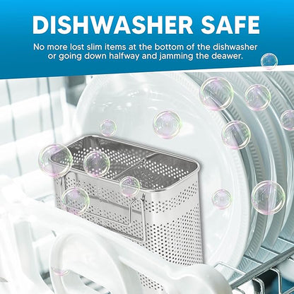 HOME&I Silverware Drying Basket for Dish Rack, SUS 304 Stainless Steel Hanging Utensil Holder with Wide Stable Hooks, 2-Compartment Cutlery Caddy for Kitchen Sink & Counterto