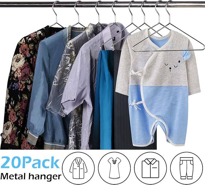 MISSLO 20 Pack Metal Hangers Heavy Duty Stainless Steel Hangers for Clothes Closet Coat Clothing Suit Shirt, 16.4 Inch