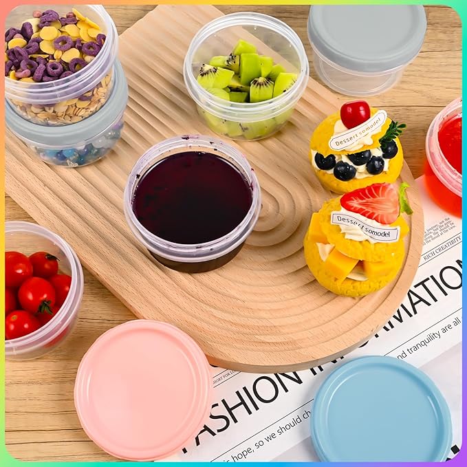 Yomarket 24pcs 8 oz Plastic Containers with Screw Lids, Reusable Clear Food Storage Containers with Pen and Brush for Snack Salad Fruit, Leakproof Small Freezer Containers, Microwave & Dishwasher Safe