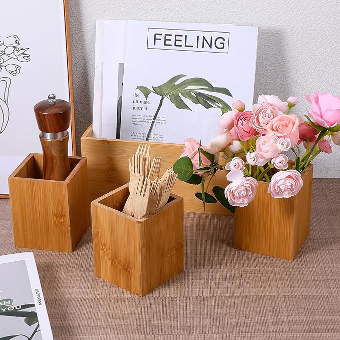 Silverware Caddy Utensil Holder for Party Countertop, Wood Cutlery Flatware Organizer Box Holder Paper Plate Dispenser with 4 Compartments Portable Handle for Spoons Forks Plates Napkins