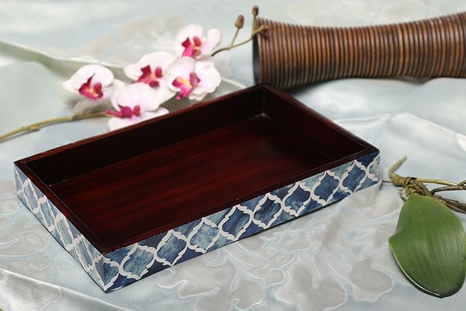Handicrafts Home 10"x6" Vanity Tray for Bathroom Countertop, Moroccan Bone Inlay Decorative Organizer Tray for Perfume, Jewelry, Cosmetics & Dresser Decor, Rectangular Catchall Tray, Blue White
