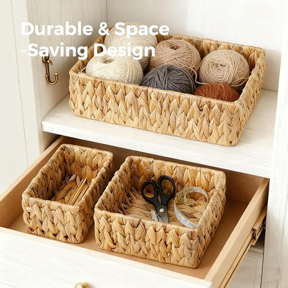 Wicker Storage Baskets Set of 3, Handwoven Water Hyacinth Baskets for Organizing, Large and Small Wicker Baskets Set, Decorative Natural Woven Baskets 3Pack for Pantry Shelves