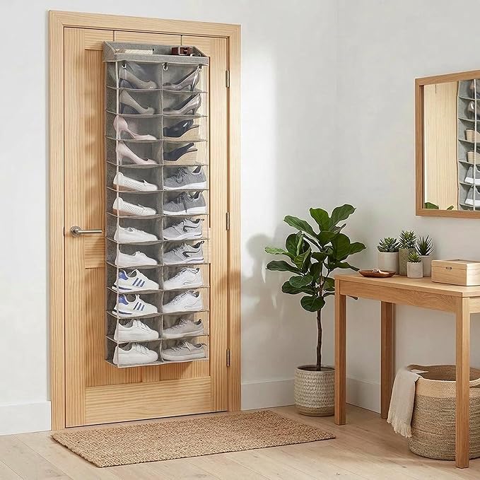 24-Tier Over the Door Shoe Organizer - Hanging Shoe Organizer & Shoe Rack, Polyester & Cotton Shoe Storage, Shoe Organizer for Closet, Space-Saving Over the Door for Bedroom Entry