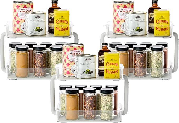 madesmart Tiered Spice Organizer, 8 Jars for Kitchen Essentials, Vertical Storage for Salt, Pepper, Cayenne, Soft-Grip Lining, Dual Handles, Grey (Pack of 3)