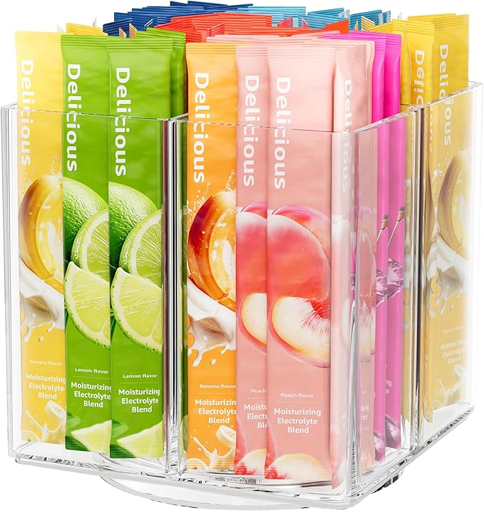 Drink Packet Organizer, Rotating Turntable Organizer with 4 Compartments, Clear Lazy Susan for Powdered Drink Mix, Water Flavor Packets, Coffee, Tea – Space-Saving Countertop Organizer