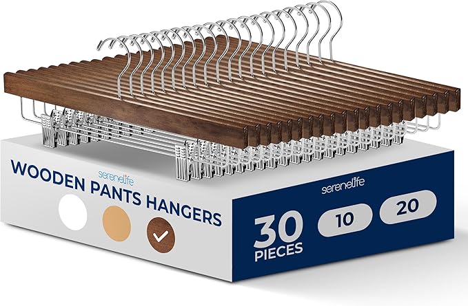 SereneLife Wooden Pants Hangers, 30-Pack Hangers with Adjustable Clips and Anti-Rust Swivel Hook, Space-Saving Pant Organizer for Closet, Ideal for Jeans, Slacks, Shorts, Trousers, Skirts (Retro)