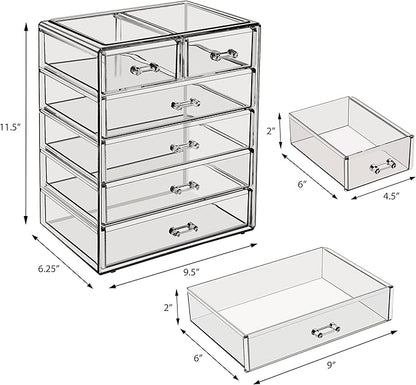 Sorbus Acrylic Makeup Organizer Set, 6-Drawer Vanity & Countertop Cosmetic Storage with Small & Wide Drawers, Black Jewel Makeup Storage for Brushes, Lipsticks, Jewelry, Holiday Gift for Women & Teens