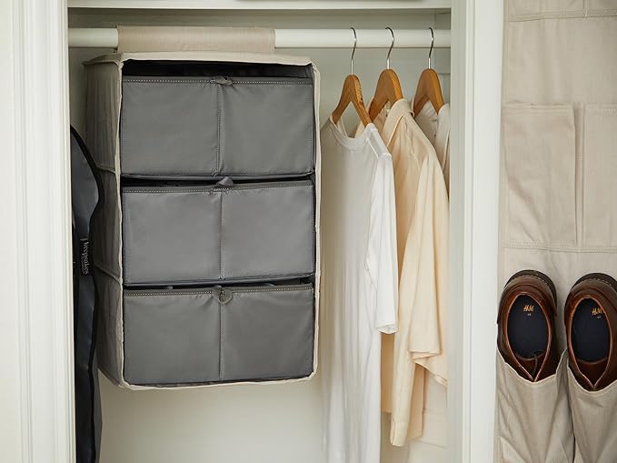 Covermates Keepsakes Hanging Closet Organizer Set – Heavy Duty Wardrobe Storage Shelves with Trays & Dividers – Vertical Dresser for Sweaters, Shoes, and Handbags, Beige Heather