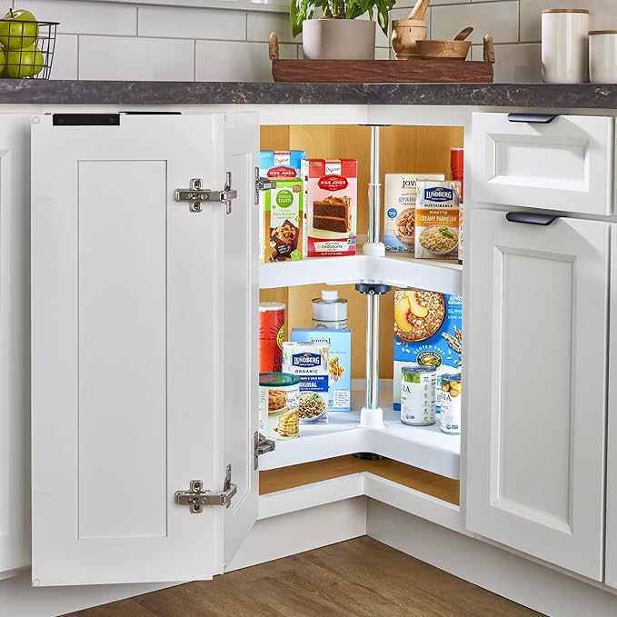 Rev-A-Shelf 24" Kidney Shaped Dual Tier Lazy Susan Organizer for Corner Base Kitchen Cabinets, Plastic Home Storage Shelves, 24" W x 14.31" D x 26" H, White, 3472-24-11-52