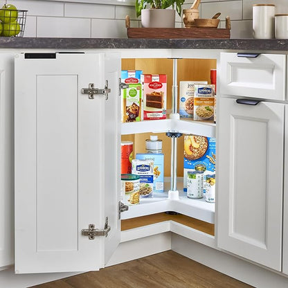 Rev-A-Shelf 24" Kidney Shaped Dual Tier Lazy Susan Organizer for Corner Base Kitchen Cabinets, Plastic Home Storage Shelves, 24" W x 14.31" D x 26" H, White, 3472-24-11-52