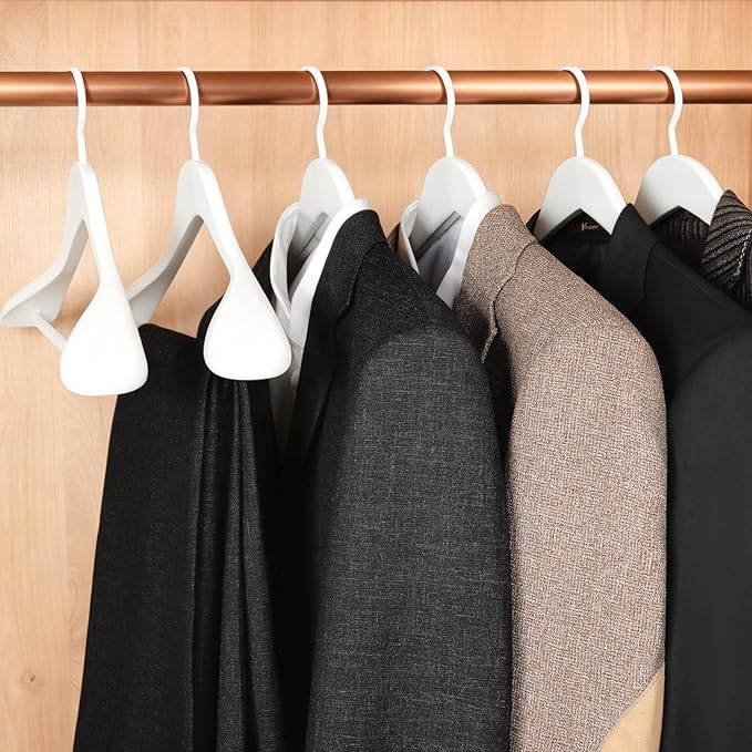 TOPIA HANGER White Wooden Coat Hanger 6 Pack, Wood Suit Hangers,Glossy Finish with Extra-Wide Shoulder, Thicker White Hooks & Anti-Slip Bar,Suitable for Coat, Suit,Dress,Jacket,Heavy Cloth - CT02W