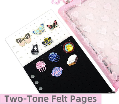 Chillpaper Enamel Pin Display Book Collection Trading Book Portable Brooch Pins Holder Storage Organizer Case Zippered (Pink Heart Lace)