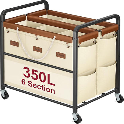 Tajsoon 350L Extra Large Laundry Hamper 6 Section, Heavy Duty Laundry Cart with Wheels, Commercial Laundry Sorter with Sturdy Metal Frame, Removable Bags & Leather Patchwork, Beige