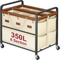 Tajsoon 350L Extra Large Laundry Hamper 6 Section, Heavy Duty Laundry Cart with Wheels, Commercial Laundry Sorter with Sturdy Metal Frame, Removable Bags & Leather Patchwork, Beige