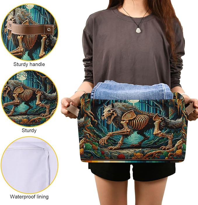 Large Storage Basket Skeletal Wolf Storage Bin Cube Canvas Fabric Organizer Handles Collapsible for Clothes Toys Bedroom Decorative