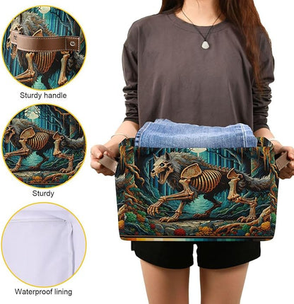Large Storage Basket Skeletal Wolf Storage Bin Cube Canvas Fabric Organizer Handles Collapsible for Clothes Toys Bedroom Decorative