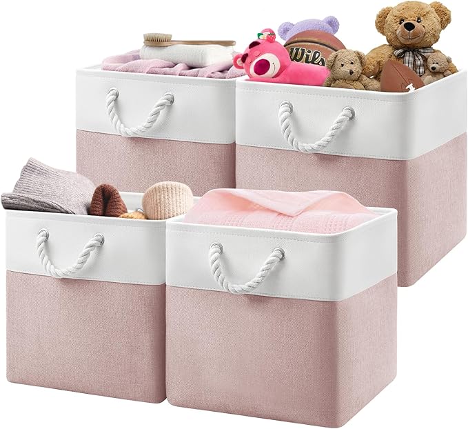 Patvingot 13x13x13 Cube Storage Bins,4 Pack Large Foldable Fabric Storage Cubes with Handles for Organizing Home, Closet, Shelf, Office(White&Pink)