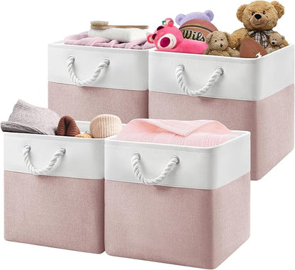 Patvingot 13x13x13 Cube Storage Bins,4 Pack Large Foldable Fabric Storage Cubes with Handles for Organizing Home, Closet, Shelf, Office(White&Pink)