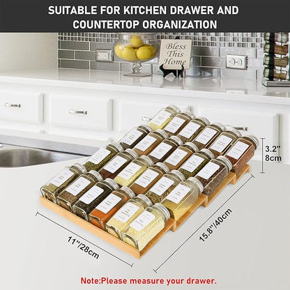 Spice Drawer Organizer with 24 Spice Jars,216 Labels,25 Non-slip Rubber, Bamboo 4 Tier Seasoning Rack Tray Insert for Kitchen Drawers,Cabinets,Countertop,11" Wide x 15.8" Deep