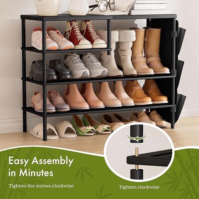 Bamboo Shoe Rack, 4 Tiers Shoe Organizer for Closet, Shoes Storage for 20-24 Pairs, Freestanding Shoe Shelf with Removable Pocket for Entryway Bedroom Front Door Dorm, Black