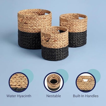 happimess BSK2011D-3SET Avery Bohemian Cottage Handwoven Hyacinth Cylinder Nesting Baskets with Handles, Natural/Black (Set of 3)