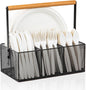 Paper Plate Organizer with Handle, Silverware Caddy Countertop, Paper Plate and Utensil Holder, Cutlery Caddy with 4 Compartments for Party, Camping, Picnic (Black)