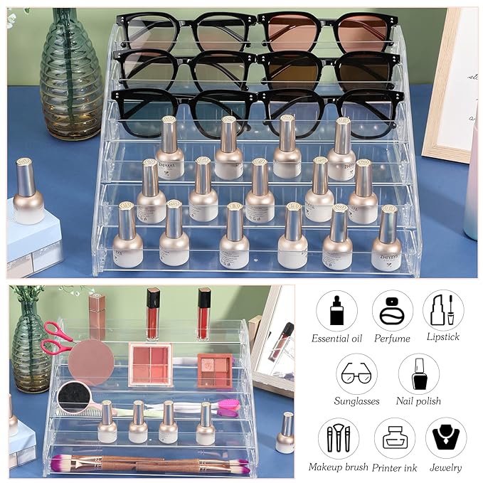 Jetec 2 Pcs Acrylic Card Display Stand Versatile Display for Trading Cards Greeting Card Sunglasses Organizer Nail Polish Holder Essential Oils Cosmetic Cases Eyewear Rack(6 Tiers Style)