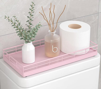 Toilet Paper Basket Organizer – Oak Wood Toilet Tank Tray with Metal Frame, Bathroom Counter Top Storage for Toilet Paper, Wipes & Decor, Modern Narrow Back of Tank Shelf Organizer, Pink