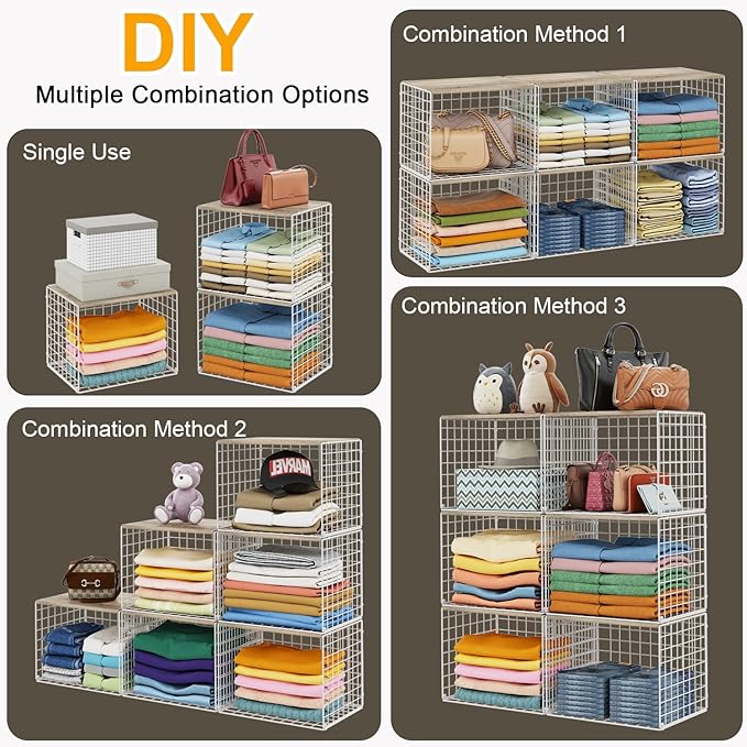 6 Pack Closet Organizers And Storage, Stackable Closet Shelf Organizer Storage Bin Basket For Clothes Sweaters With Top Board, Widened Opening, Heightened Height, Large Capacity, Sturdy, Space-saver