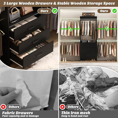 Aheaplus Closet System With 3 Wooden Drawers, Walk-in Wardrobe Organizer, Clothes Rack With 4 Hanging Rods, Garment Rack, -4R, Black