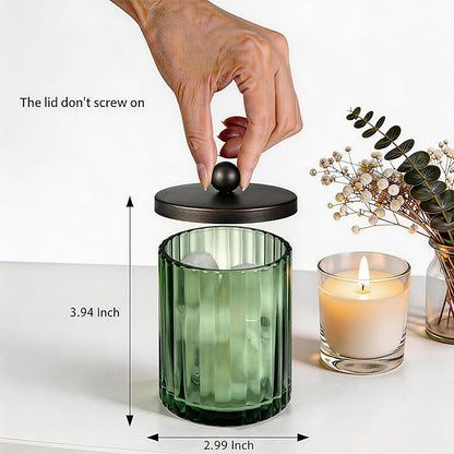 Amolliar Sage Green Glass Apothecary Jar With Metal Lid & Stickers, Bathroom Qtip Holder Dispenser for Cotton Swabs, Balls, Round Pads, Bath Salt, Floss, Countertop Canister Storage, Bronze 4 Pack