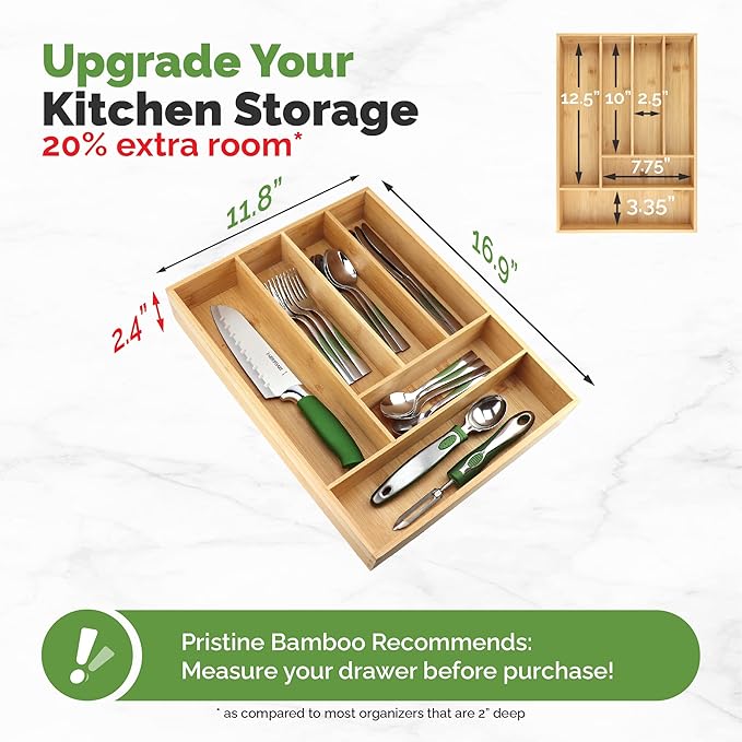 Pristine Bamboo Silverware tray organizer– Flatware Utensil Cutlery Silverware Holder for Drawer – Small Extra-Deep Wooden Kitchen Drawer Organizer Divider for Spoons Forks Knives cutleries (6-Slots)
