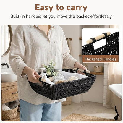 StorageWorks Large Wicker Storage Basket for Organizing, Toilet Paper Baskets for Shelf, Paper Rope Storage Baskets with Wooden Handles, Black, 2-Pack