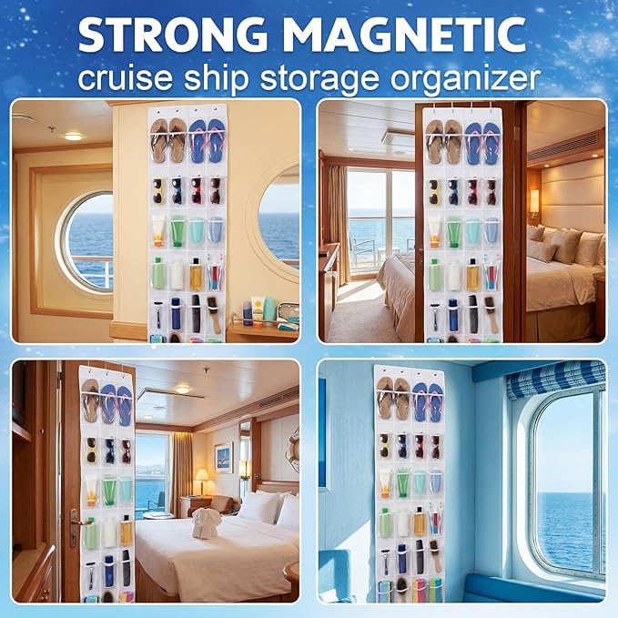 Watersay Cruise Essentials 2026, over The Door Cruise Ship Organizer, 24 Pocket Magnetic Door Hanging Organizers with 4 Hooks and 4 Strong Magnets for Ship Cabin Essentials & Must Haves
