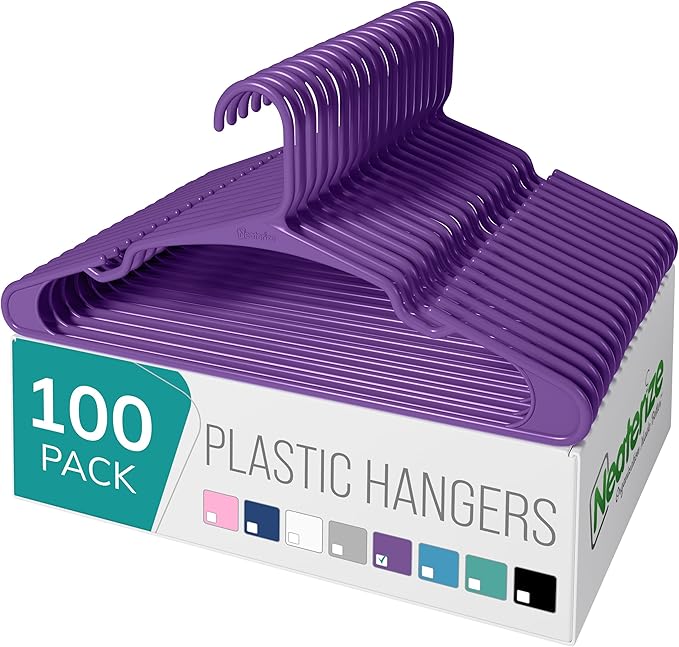 NEATERIZE Clothes Hangers Plastic 100 Pack for Adults - Plastic Hangers, The Perfect Coat Hanger and Space Saving Clothes Hangers for Closet - Purple Hangers