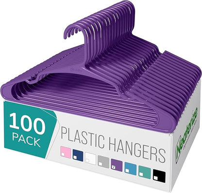 NEATERIZE Clothes Hangers Plastic 100 Pack for Adults - Plastic Hangers, The Perfect Coat Hanger and Space Saving Clothes Hangers for Closet - Purple Hangers