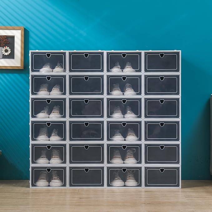 24 Pack Stackable Shoe Boxes with Clear Flip Lids - Foldable Shoe Storage Organizer for Closet Cabinet, Avocado Green/Black Options for Sneakers Flats Home Organization (Black)