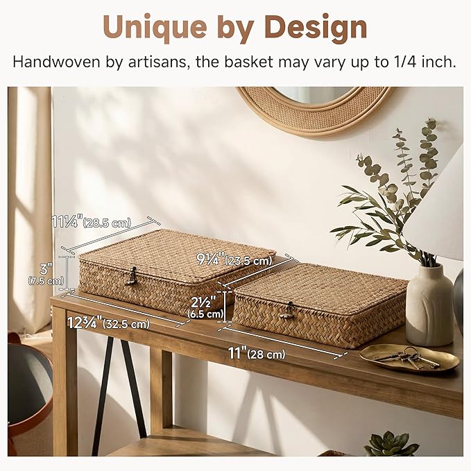 StorageWorks Wicker Basket with Lid, Flat Wicker Storage Bins with Lids, Decorative Storage Boxes with Lids, Seagrass Baskets for Organizing, Woven Basket for Shelves