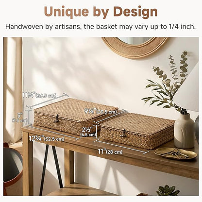 StorageWorks Wicker Basket with Lid, Flat Wicker Storage Bins with Lids, Decorative Storage Boxes with Lids, Seagrass Baskets for Organizing, Woven Basket for Shelves