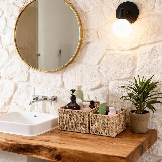 3 Pack Wicker Baskets for Organizing, Toilet Tank Basket for Bathroom, Hand-Woven Paper Rope Wicker Baskets, Toilet Paper Storage Basket for Toilets Tank Top for Shelves