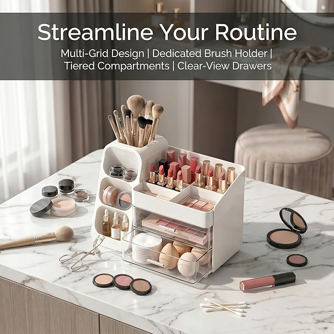 Makeup Organizer with Drawers, Large Cosmetic Display Cases for Skincare Organizers, Bathroom Organizers and Storage Countertop, Easy To Storage Skincare, Brushes, Lotions, Lipstick (White)