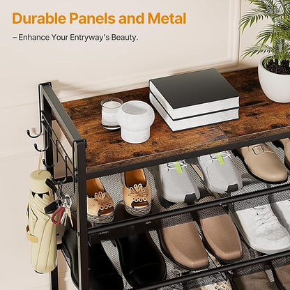 5 Tier Shoe Rack, Shoe Rack for Entryway with Hook, Shoe Organizer with Adjustable Mesh Shelves, Metal Shoe Storage, Closet, Bedroom Living Room Garage