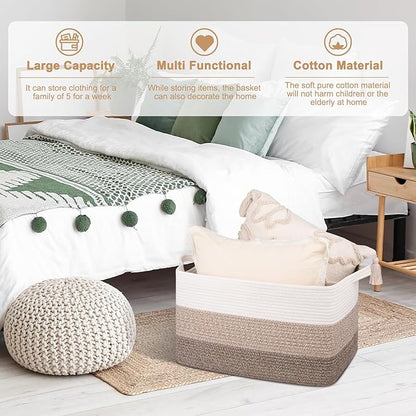 OIAHOMY Large Blanket Basket, 65L Cotton Rope Woven Laundry Basket, Toy Bin for Baby Room, Container for Blanket Storage in Living Room, 20''×16''×12'', Gradient Brown
