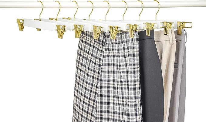 Amber Home 24 Pack 14.17" Solid White Wooden Pant Skirt Hangers with Gold Hook, Bottom Hangers for Slacks Trousers Jeans with 2-Adjustable Gold Clips (White, 24 Pack)