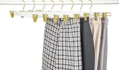 Amber Home 24 Pack 14.17" Solid White Wooden Pant Skirt Hangers with Gold Hook, Bottom Hangers for Slacks Trousers Jeans with 2-Adjustable Gold Clips (White, 24 Pack)
