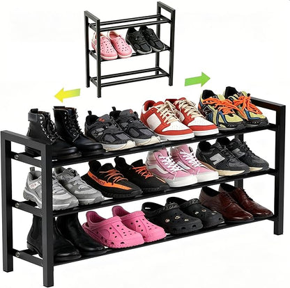 Expandable 3-Tier Shoe Rack Adjustable Shelf Organizer for Entryway Closet Freestanding Narrow Shoe Storage Cabinet for Small Spaces Holds 6-12 Pairs Heels Sneakers (Black, 3 Tier)