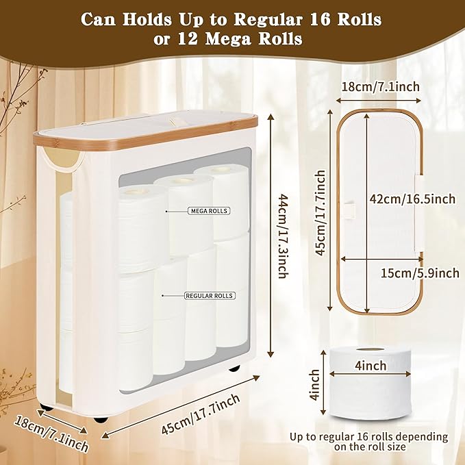 Toilet Paper Storage Basket with Lid - The Ultimate Bathroom Organizer, Free Standing Toilet Paper Holder for Up to 12 Mega Rolls, Toilet Tissue Storage Bin with Handle for RV Closet, Beige