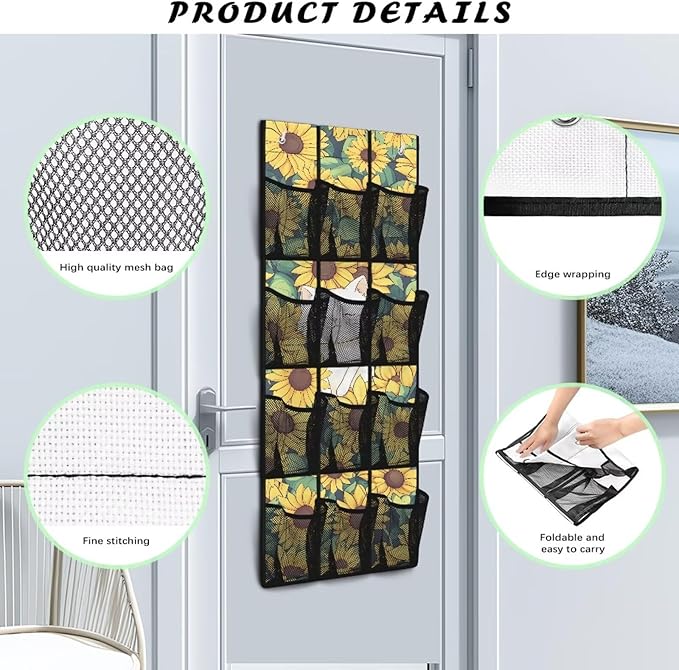 Sunflower Cat Simple Houseware 12 Pockets,Over The Door Hanging Shoe Organizer,Small Item Storage Bag,Hanging Shoe Rack for Door Sneaker Hanger Boot Storage,Closet Rack for Home