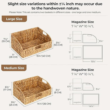 StorageWorks Pantry Baskets for Organizing, Water Hyacinth Baskets for shelves with Built-in Handles, Pantry Organizers and Storage, Set of 2 (Large and Medium)
